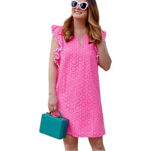 Lilly Pulitzer Astara‎ Dress Women’s Size Small Neon Pink Eyelet Pom Pom